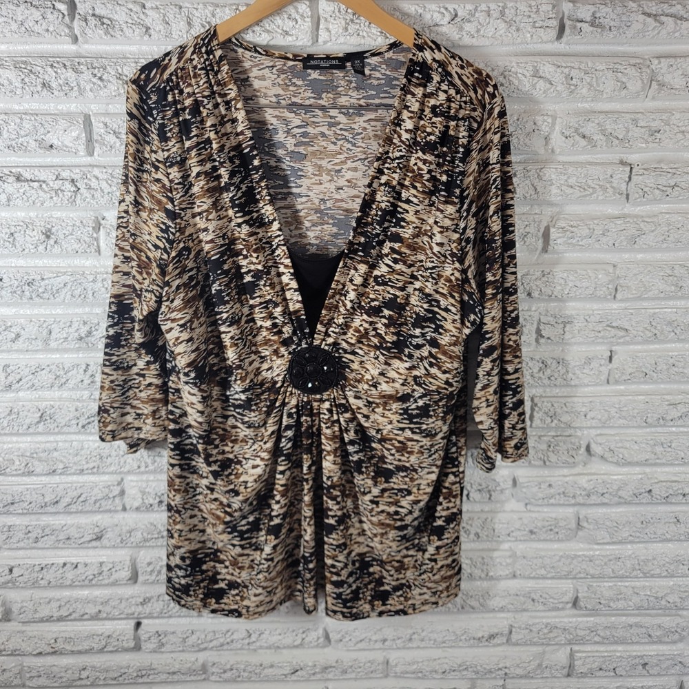 Notations Women 3X Tunic Blouse Brown Black Watercolor Beaded 3/4 Sleeve Square